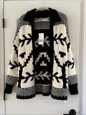 Zara Black & Cream Geometric Open-Front Cardigan